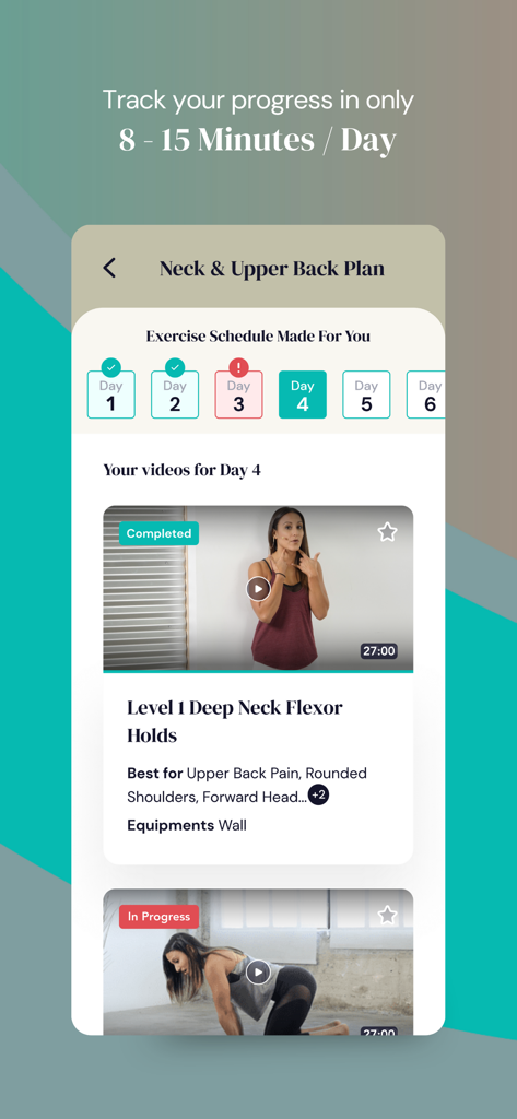 Jen Physical Therapy app interface showing a neck and upper back exercise plan with a daily schedule and video tutorial