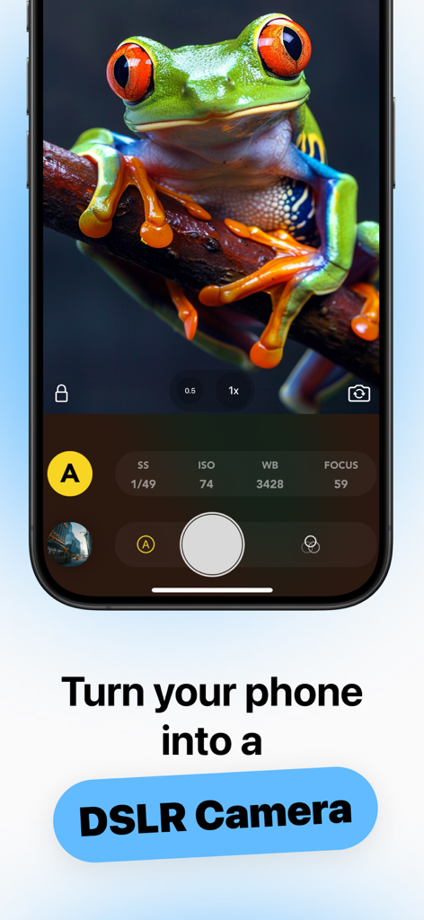 Interfaz de la aplicación Snap Pro Camera mostrando configuraciones manuales de DSLR y una foto macro de una rana de ojos rojos.
