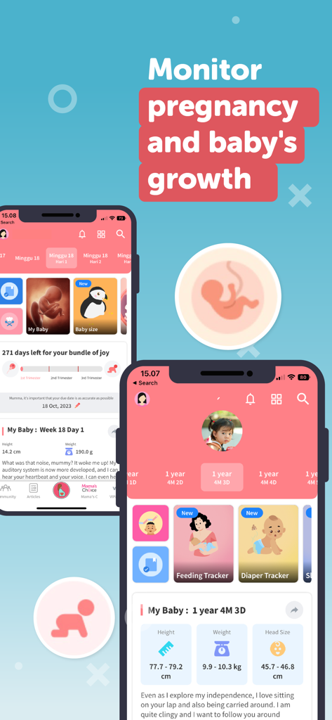 Capturas de tela do aplicativo theAsianparent mostrando recursos de acompanhamento de gravidez e crescimento do bebê