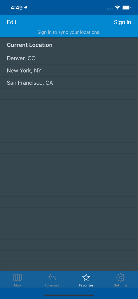 NOAA Weather & Tides - Favorites screen of the NOAA Weather and Tides app showing saved locations