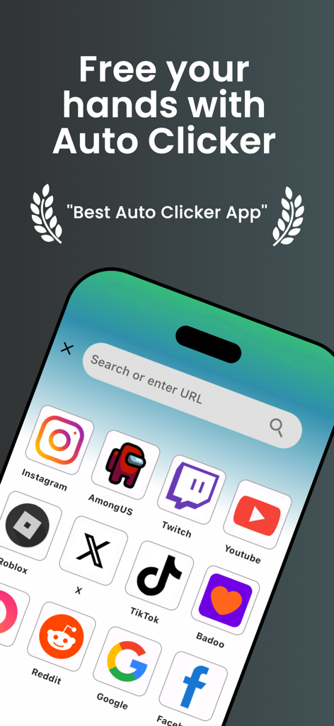 Auto Clicker: Tap Tool - 検索バーとさまざまなサポートされているソーシャルメディアおよびゲームアプリのアイコンを表示するAuto Clickerアプリのインターフェイス