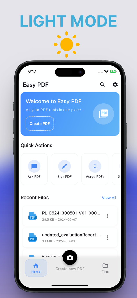 Easy PDF: AI Tools, Sign, Edit - Pantalla de inicio de la aplicación Easy PDF en modo claro mostrando herramientas de acción rápida para chat IA, firma y fusión de documentos