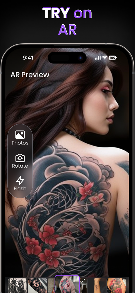 Ink Ai Tattoo Design Generator - AR preview of a large colorful Japanese style tattoo design on a woman back