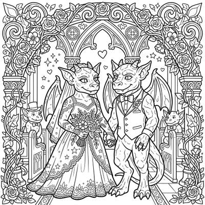 Discover a uniquely romantic scene with our Stone Gargoyle Wedding coloring page, where two ancient guardians celebrate their love. This intricate design offers fantasy enthusiasts a captivating and detailed coloring experience.