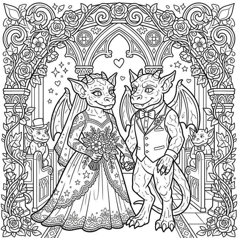 Discover a uniquely romantic scene with our Stone Gargoyle Wedding coloring page, where two ancient guardians celebrate their love. This intricate design offers fantasy enthusiasts a captivating and detailed coloring experience.