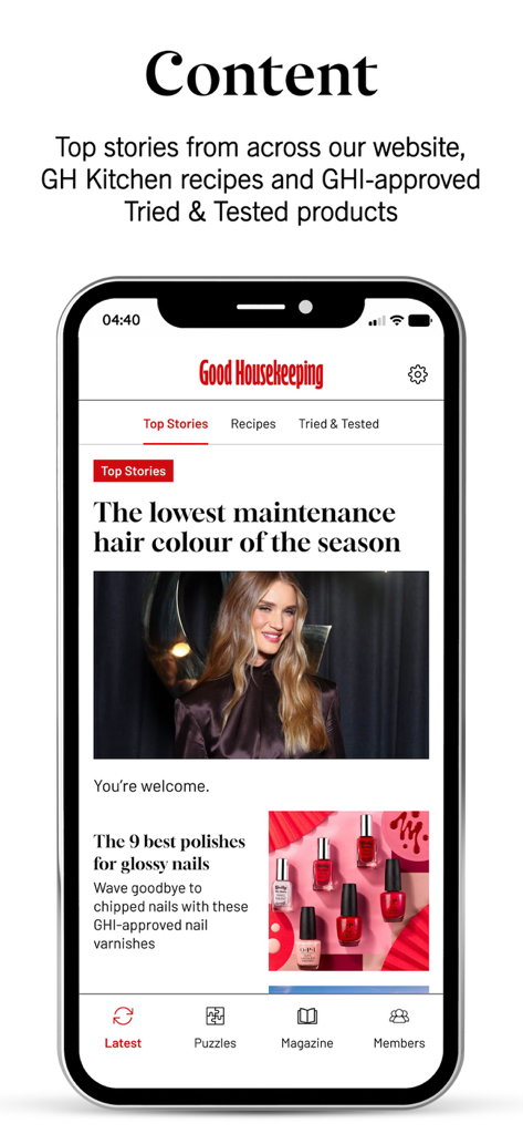 Good Housekeeping UK - Screenshot of the Good Housekeeping UK mobile app showing lifestyle articles and navigation tabs for recipes and product reviews