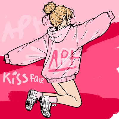realistic girl jumping with a bun and oversized sweatshirt