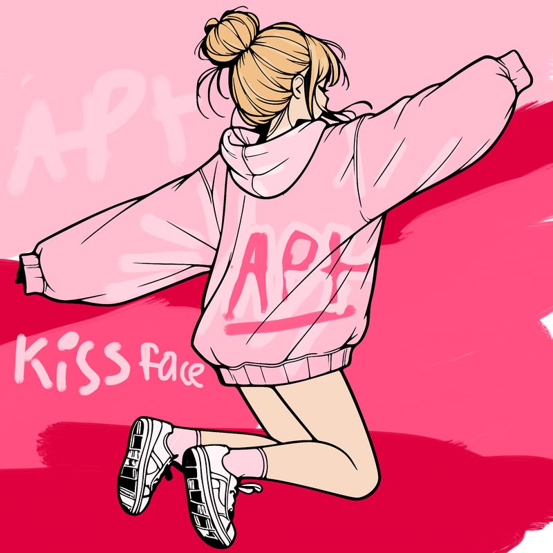 realistic girl jumping with a bun and oversized sweatshirt