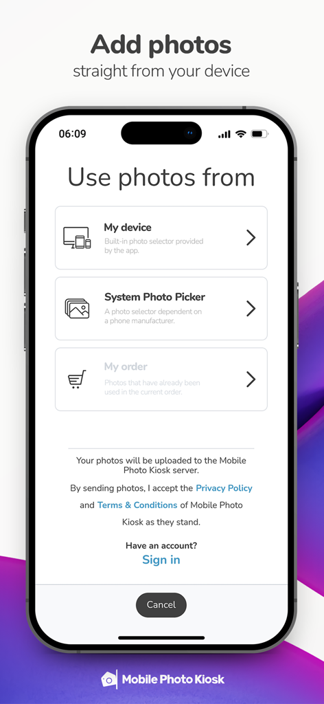 Mobile Photo Kiosk app screen showing options to select photos from device or system photo picker