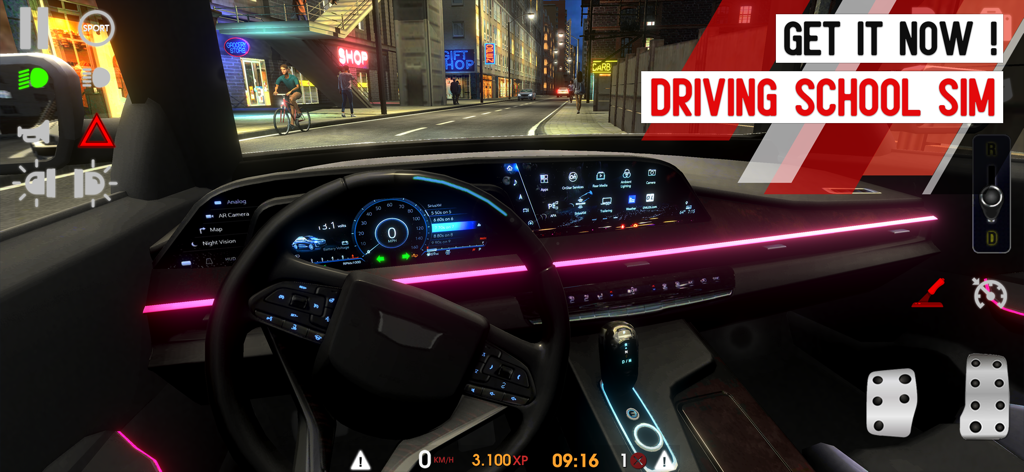 Vista en primera persona del tablero de un coche de lujo con iluminación ambiental rosa en una ciudad por la noche