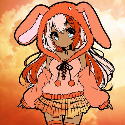 pretty anime girl wearing a fluffy hoodie with bunny ears on the hood and a skirt