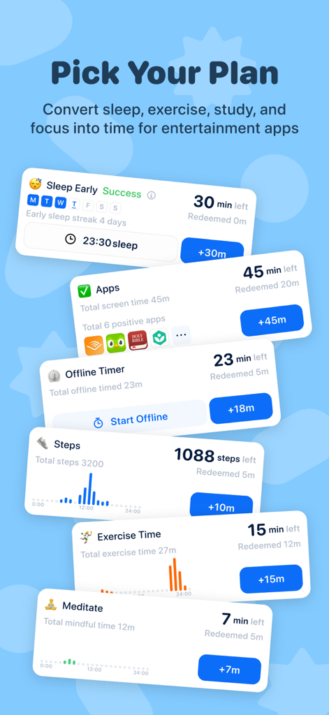 WillStone: Balance Screen Time - WillStone app interface showing various activities like exercise and study that users can complete to earn entertainment screen time