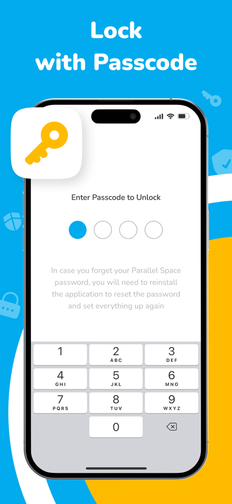Parallel Space app interface showing the lock with passcode security feature for protecting dual accounts.