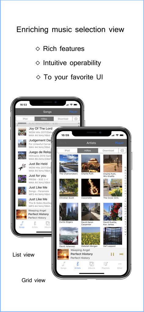 KaiserTone Audio Player +HiRes - KaiserTone app interface showing list and grid music selection views