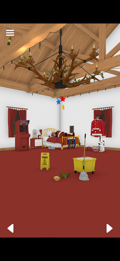 Escape Game: Ho Ho Ho! - Ein gemütliches 3D-Zimmer aus Escape Game Ho Ho Ho mit einem schlafenden Santa und einem Geweih-Kronleuchter.