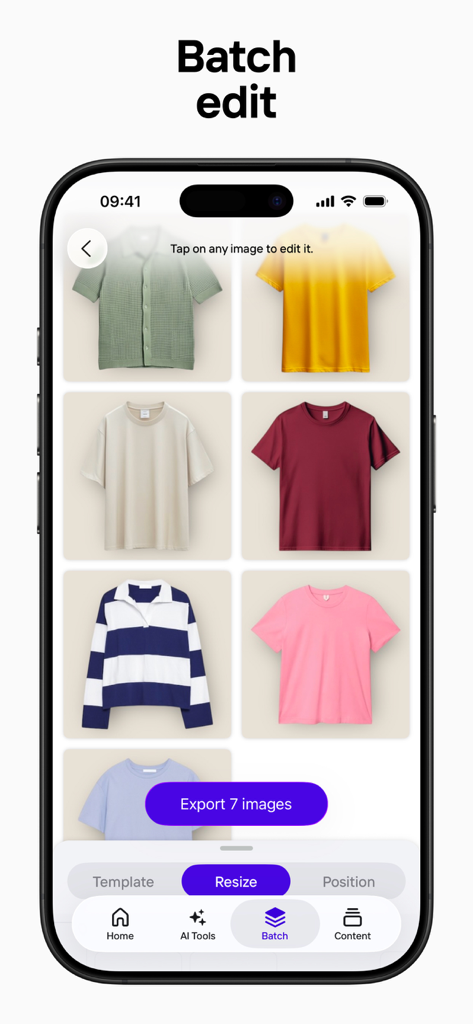 Eコマースリスティング用の複数の衣料品に対するバッチ編集機能を示すPhotoroomアプリのインターフェース