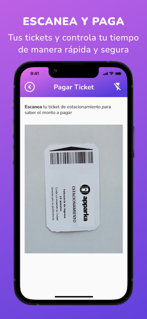 Apparka App - Apparka mobile app screen showing a smartphone scanning a physical parking ticket to pay digitally
