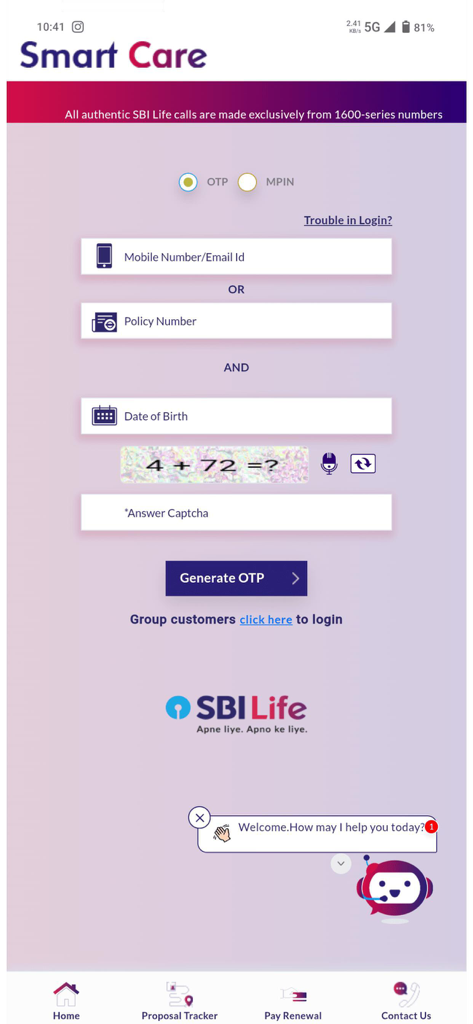 SBI Life Smart Care - Login page of the SBI Life Smart Care app with fields for mobile number policy number and date of birth