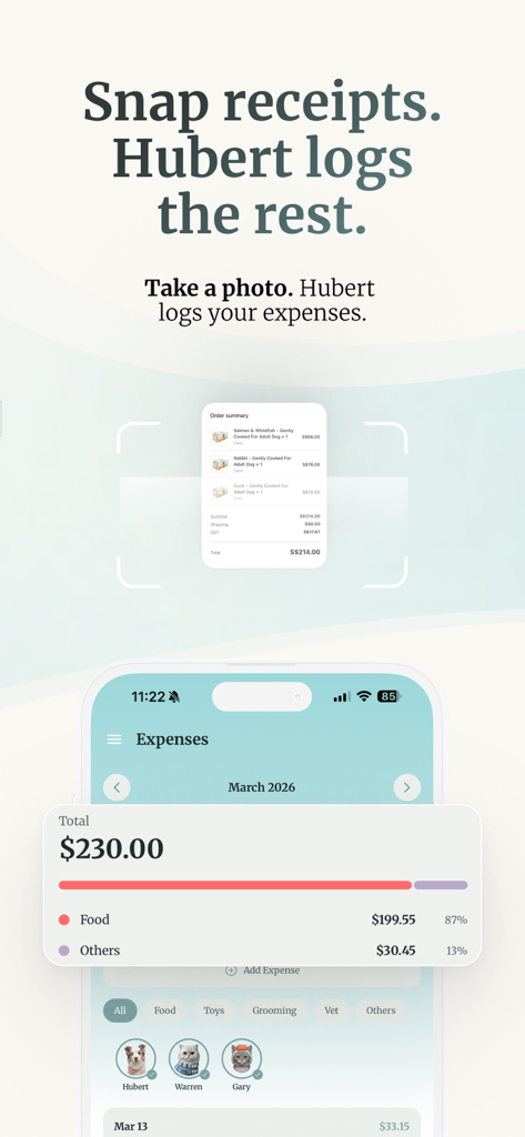 Hubert: Pet Health Tracker - Hubert app dashboard showing pet expenses and receipt scanning capability