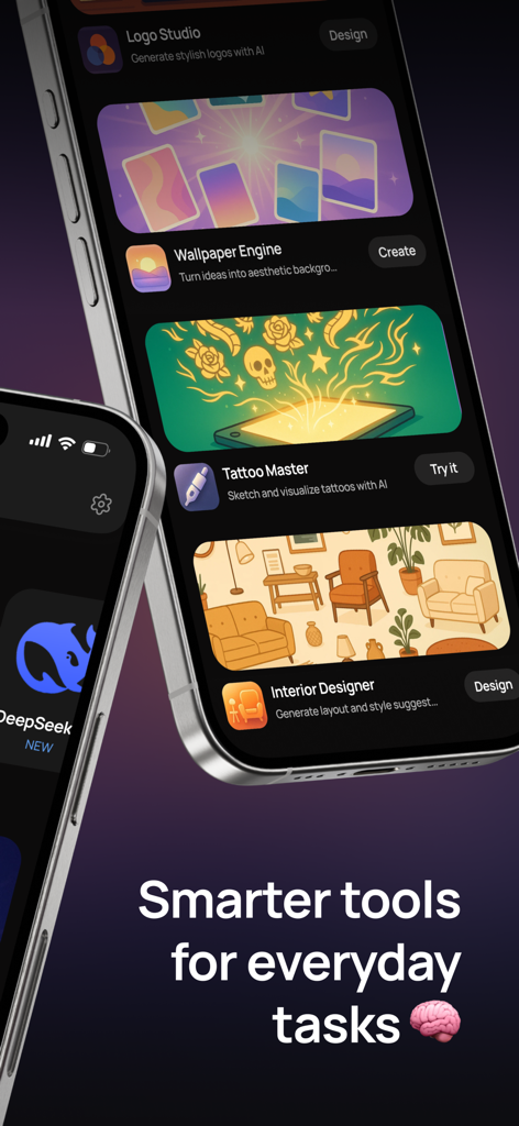 AI mini apps: Gines - The Gines mobile app interface displaying a hub of AI tools including a logo maker, wallpaper generator, tattoo sketcher, and interior design assistant.