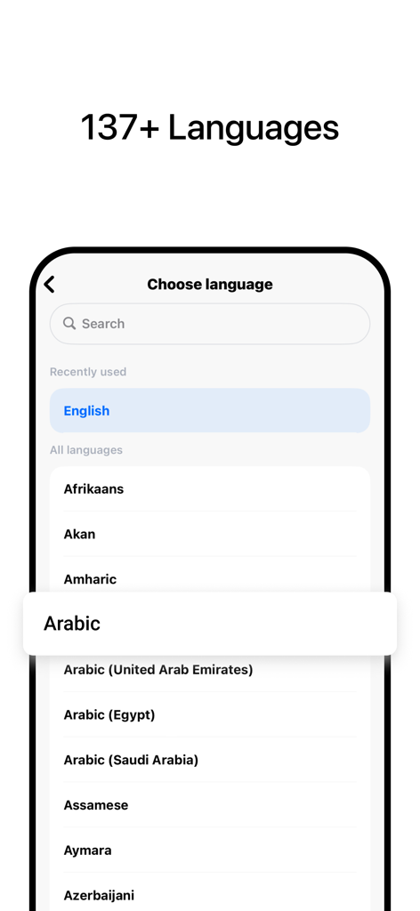 Interface of the Hi Translate app showing a list of over 137 supported languages and dialects.
