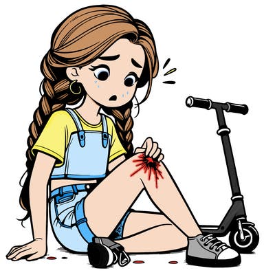 girl with hair in to dutch braids looking down at her scraped knee with a scooter flat on the ground make th girl wearing a crop top and jean shorts