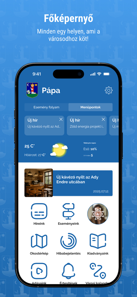Pápa Appra! - La schermata principale dell'applicazione mobile Papa Appra che mostra notizie locali, meteo e icone dei servizi cittadini