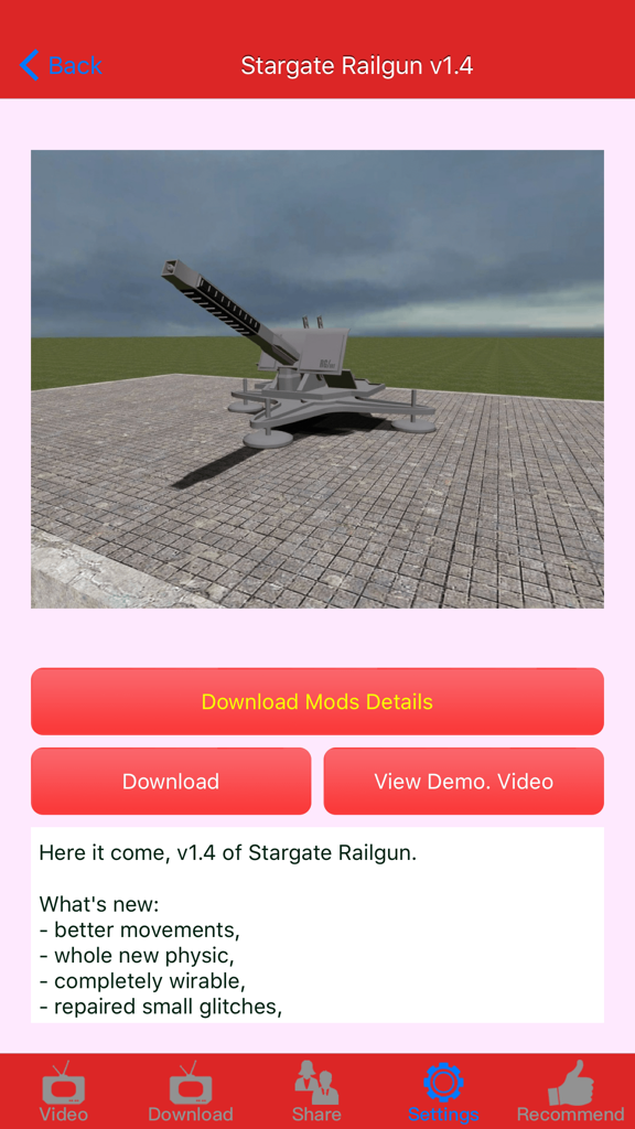 Weapon Mods for Garry’s Mod - Screenshot of the Stargate Railgun v1.4 weapon mod for Garry's Mod including mod description and download buttons.