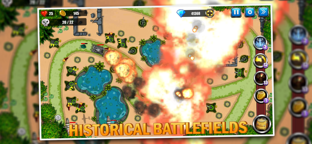 Tower Defense: Toy War 2 - Jugabilidad de Tower Defense Toy War 2 mostrando tanques de juguete defendiendo una base con explosiones en un mapa histórico