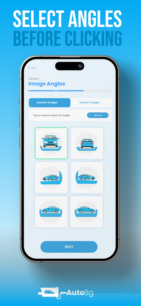 Pantalla de la aplicación AutoBg para seleccionar los ángulos de las fotos del exterior del coche