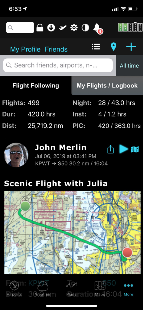 FlyQ plus EFB app showing pilot flight statistics and a scenic flight map