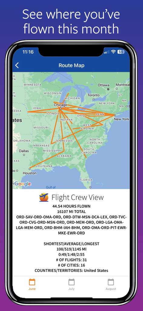 Flight Crew View app interface displaying route map and monthly flight statistics