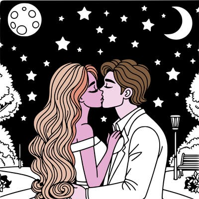 woman and man romantically kissing in a park at night under the stars and the moon