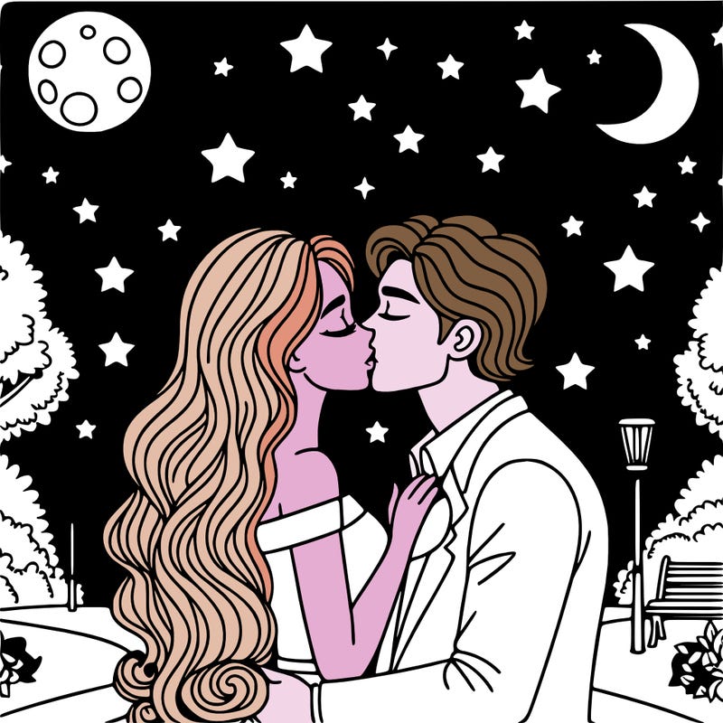 woman and man romantically kissing in a park at night under the stars and the moon