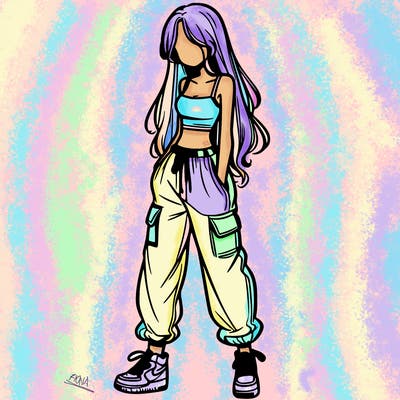 girl in baggy pants crop top and long hair