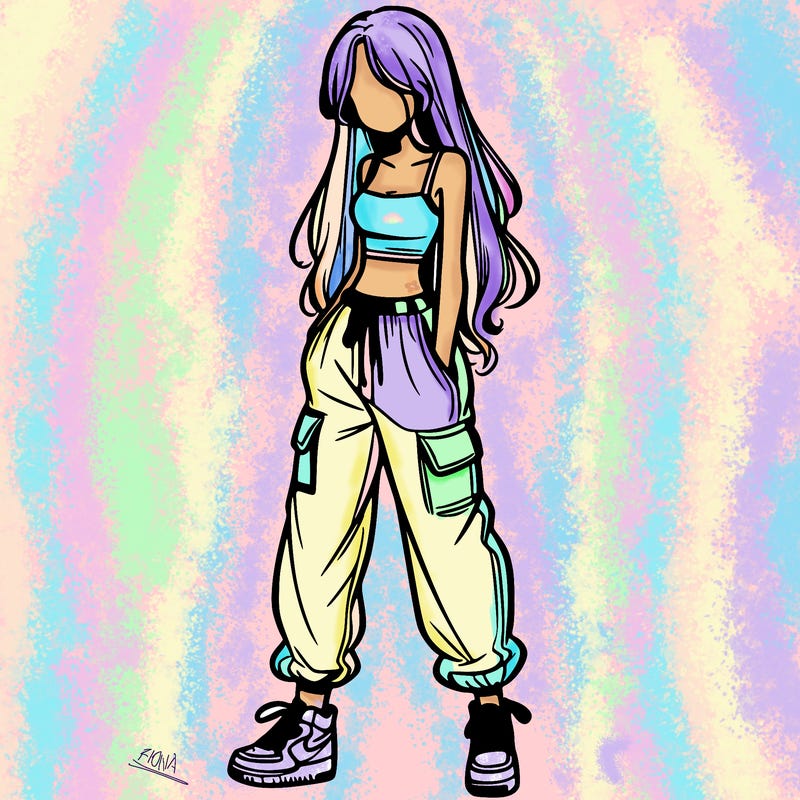 girl in baggy pants crop top and long hair