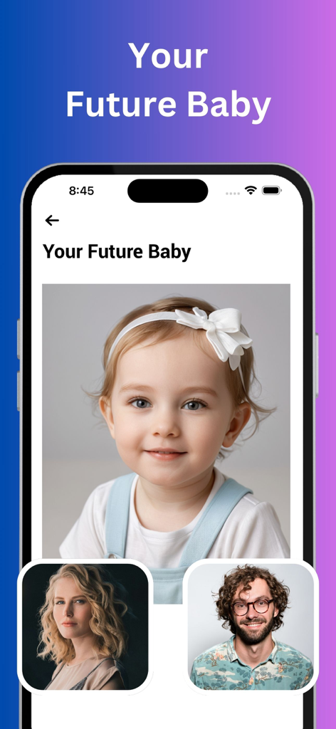 Imagen generada por IA de un futuro bebé basada en fotos de los padres en la interfaz de la aplicación
