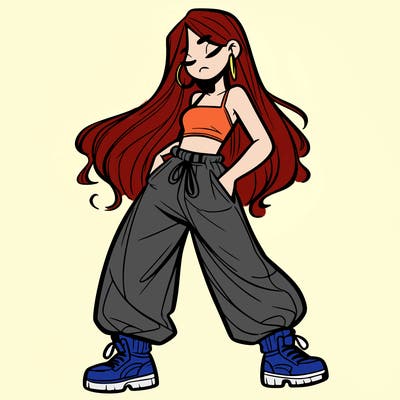 girl in baggy pants crop top and long hair