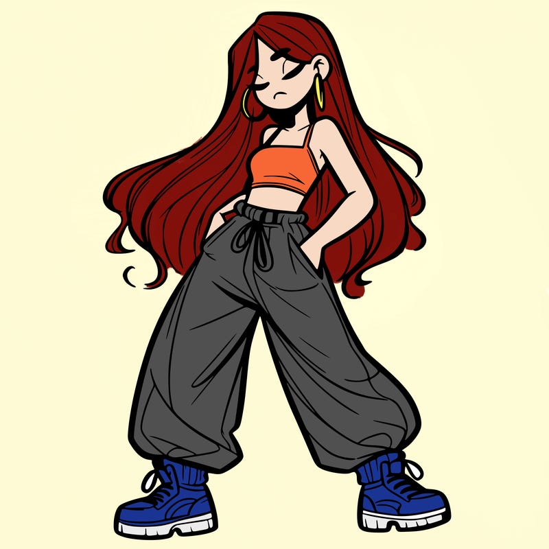 girl in baggy pants crop top and long hair