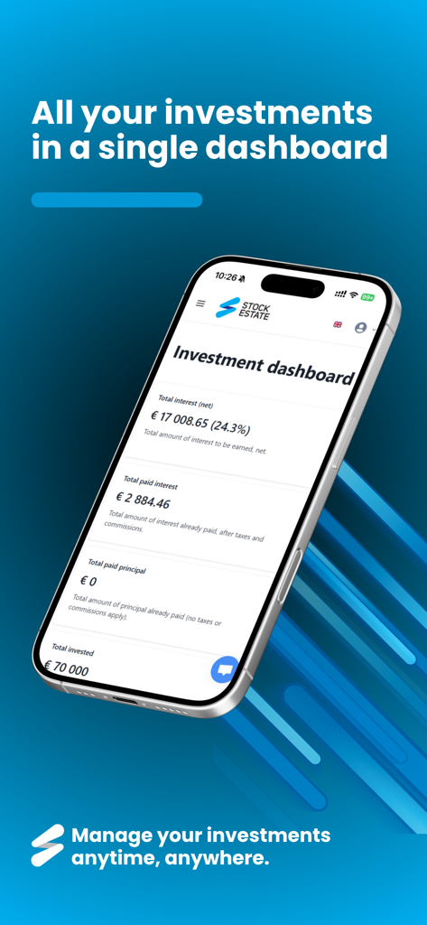 stock.estate - Dashboard di investimento dell'app mobile stock estate che mostra gli interessi finanziari e gli importi totali investiti