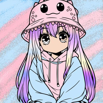 girl with anime shaped eyes with a dinosaur bucket hat oversized sweatshirt long straight hair