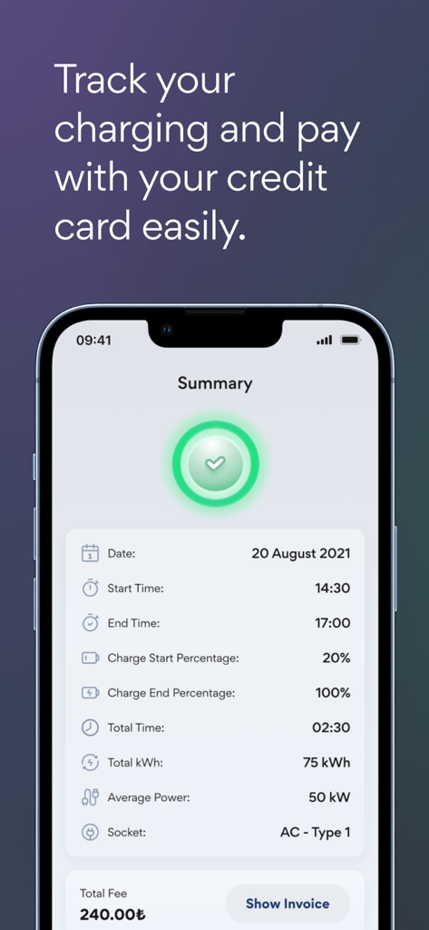 A mobile phone screen displaying a summary of an EV charging session including duration energy consumption and total cost in the Oncharge app