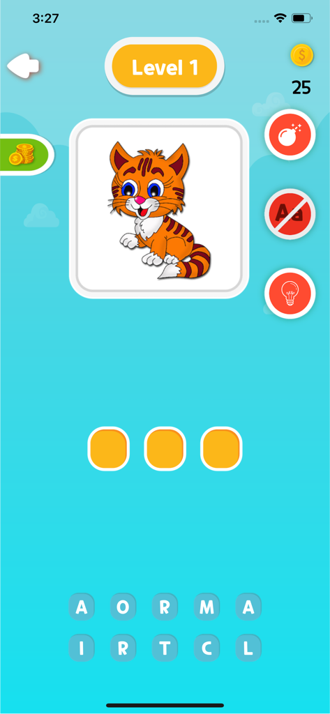 Guess the Picture Quiz Game - Screenshot of Level 1 in Guess the Picture Quiz Game showing a cartoon cat and letter tiles