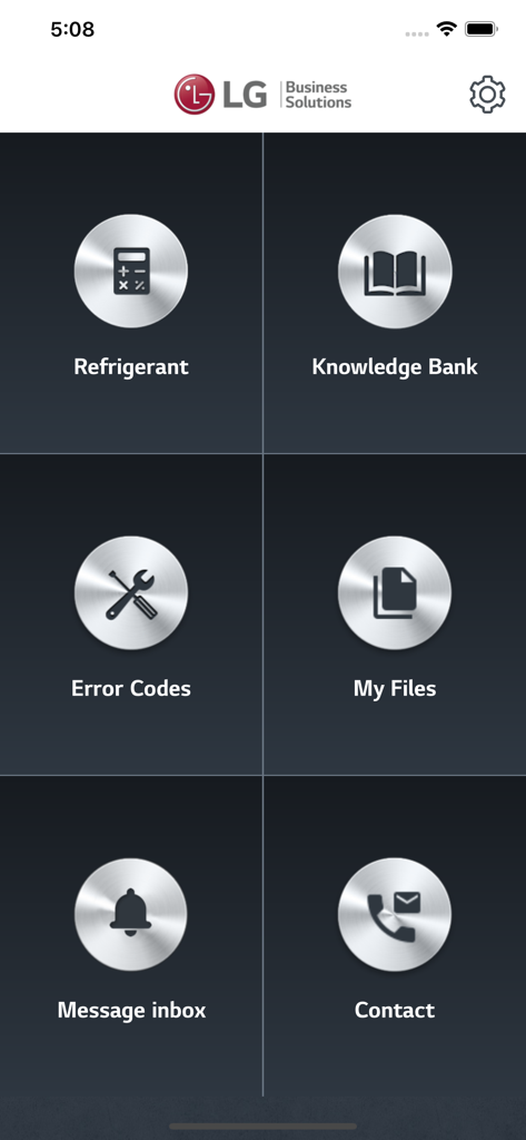 LG Service AE - LG Service AE app dashboard featuring refrigerant calculator knowledge bank and error codes icons