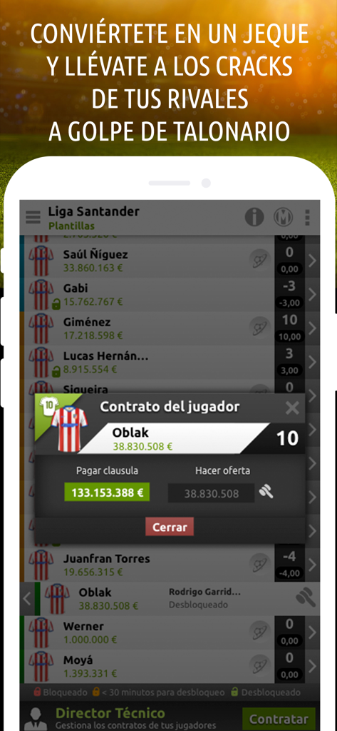 Interfaz de la aplicación de fútbol fantasía de Futmondo mostrando opciones de contrato y cláusula de rescisión de jugador