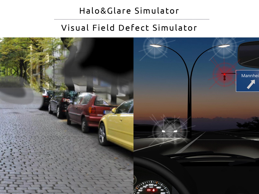 Easy Eye - Affichage en écran partagé d'une simulation de défaut du champ visuel en plein jour et d'un simulateur de halos et d'éblouissements pendant la conduite de nuit