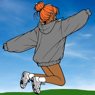 realistic girl jumping with a bun and oversized sweatshirt