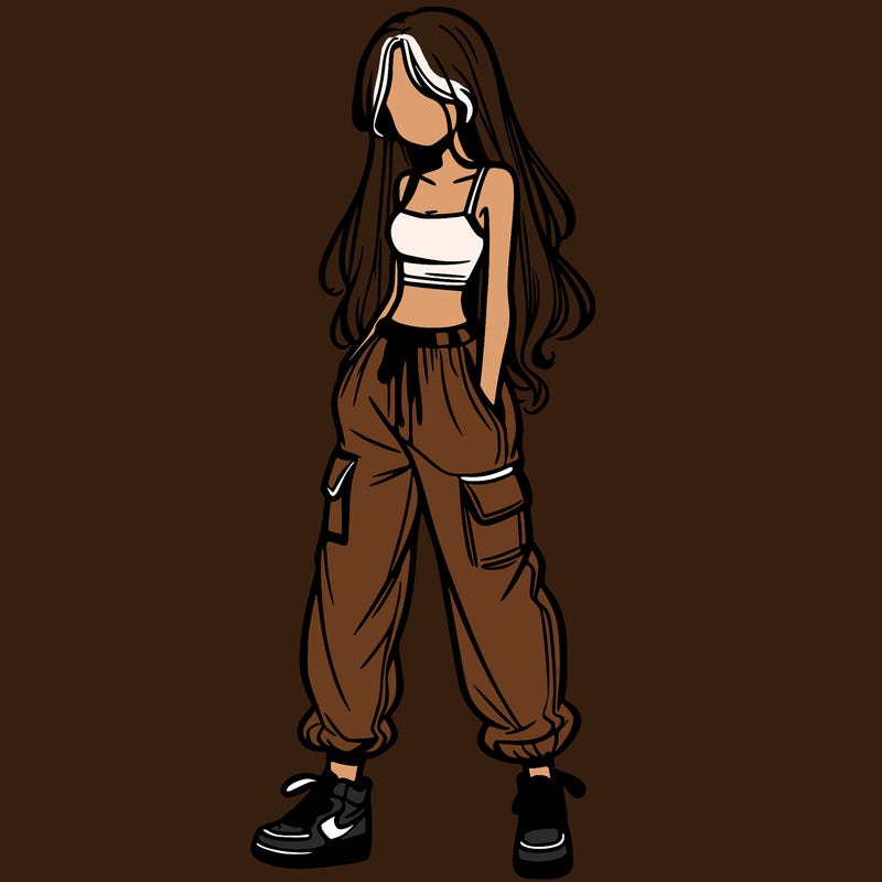 girl in baggy pants crop top and long hair
