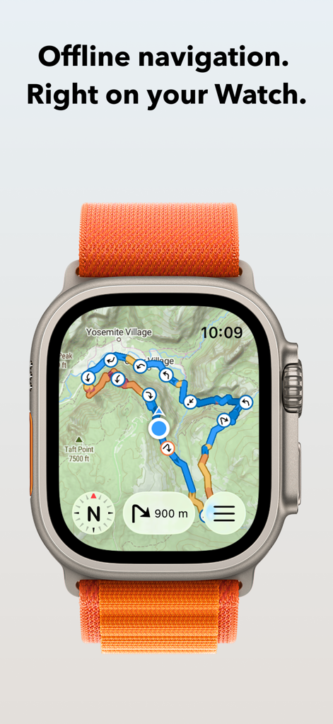 WristTopo: Offline Navigation - WristTopo app displaying a topographical map with a navigation route on an Apple Watch Ultra