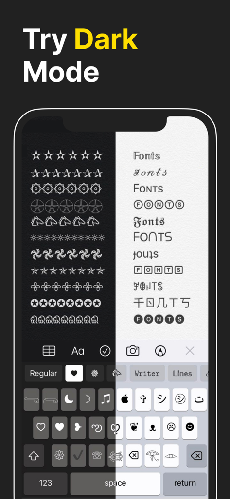 Visão de tela dividida do teclado de fontes personalizadas mostrando opções de modo escuro e claro com vários símbolos decorativos e estilos de fonte.